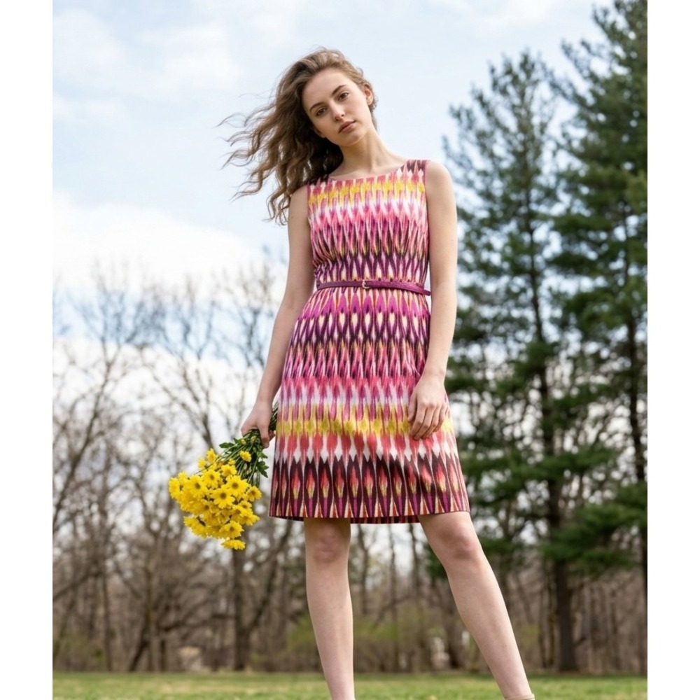 Roz & Ali Pink Ikat Print Sleeveless Sheath Dress with Belt Size 8 NWT
